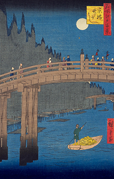 Hiroshiges - 76 Bamboo Yards, Kyōbashi Bridge (Kyōbashi Takegashi) - One Hundred Famous Views of Edo