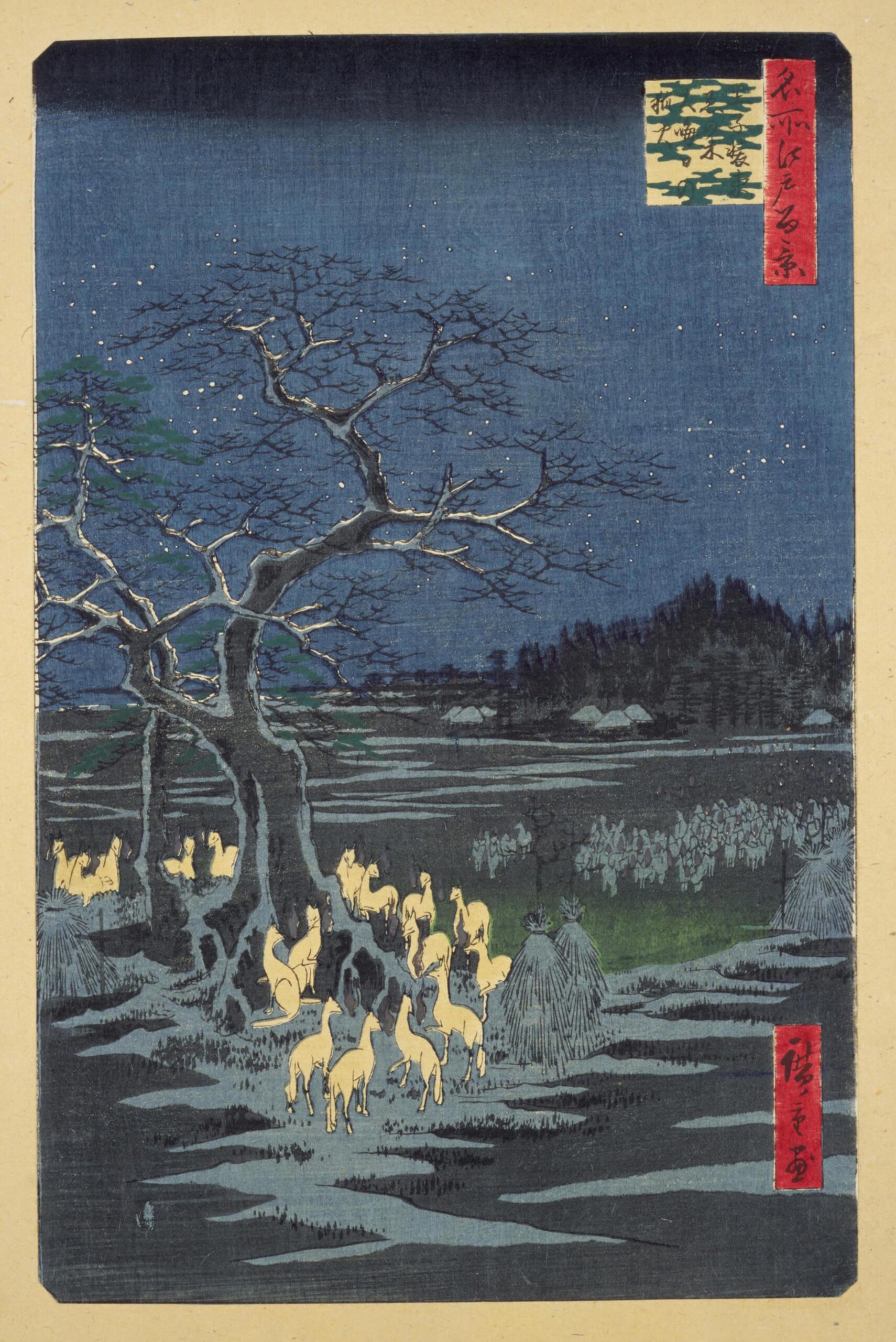 Hiroshiges - 118 New Year’s Eve Foxfires at the Changing Tree, Ōji (Ōji Shōzoku enoki Ōmisoka no kitsunebi) - One Hundred Famous Views of Edo