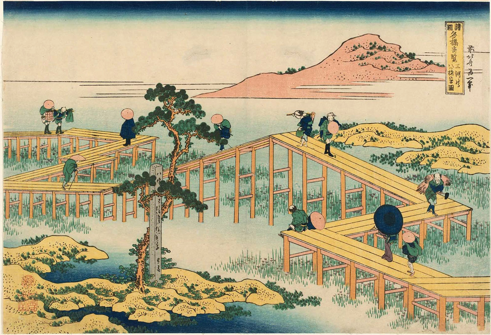 Hokusai - Old View of the Eight-part Bridge at Yatsuhashi in Mikawa Province - Famous Japanese Bridges