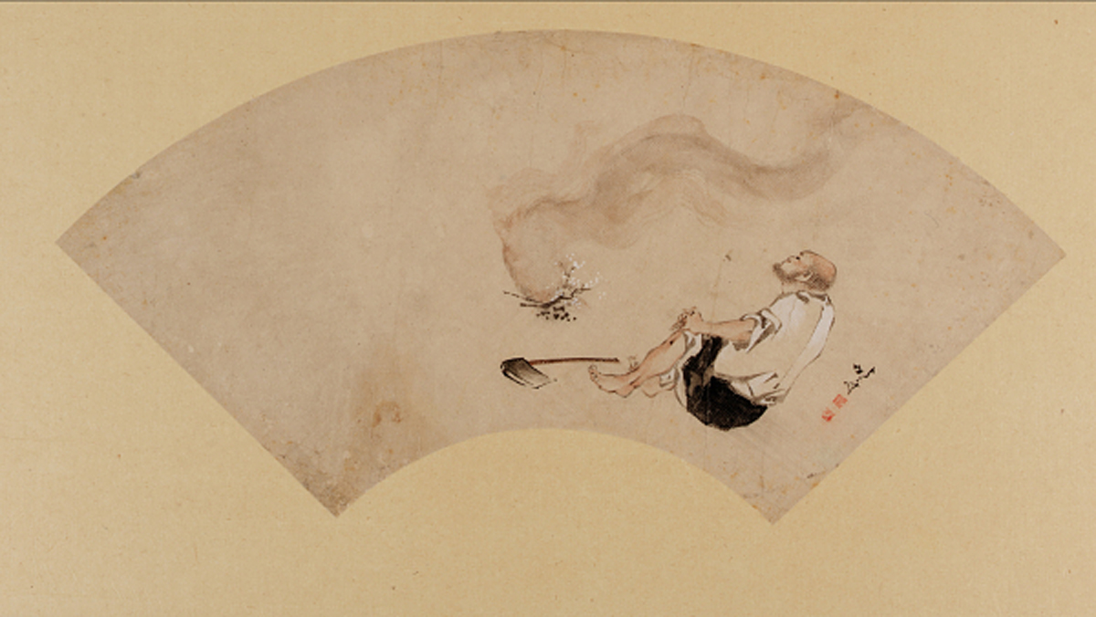 Hokusai - An Old Wood Cutter Sitting by a Fire - Fan Prints
