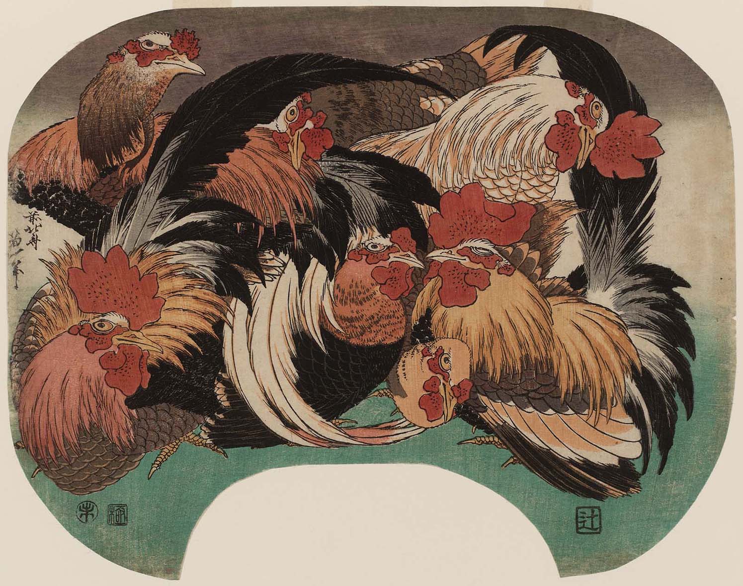 Hokusai - Flock of Chickens - Fan Prints