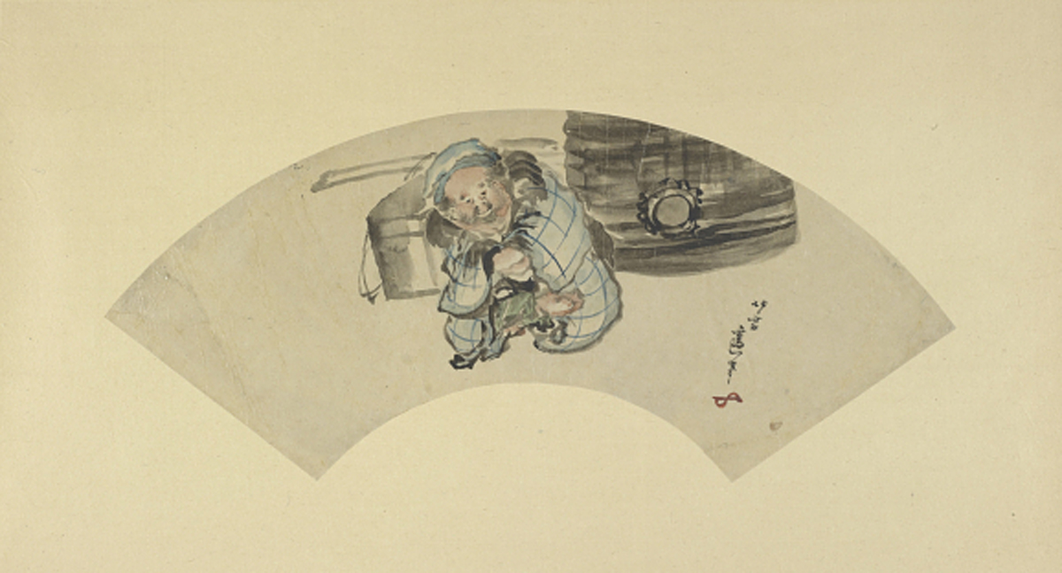 Hokusai - A Fat Old Man Sitting Beside a Large Bell - Fan Prints