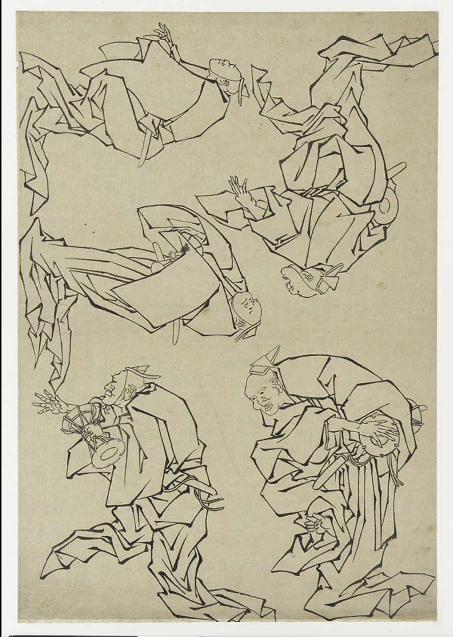 Hokusai - Five Musicians Playing Drums - Hand Drawings