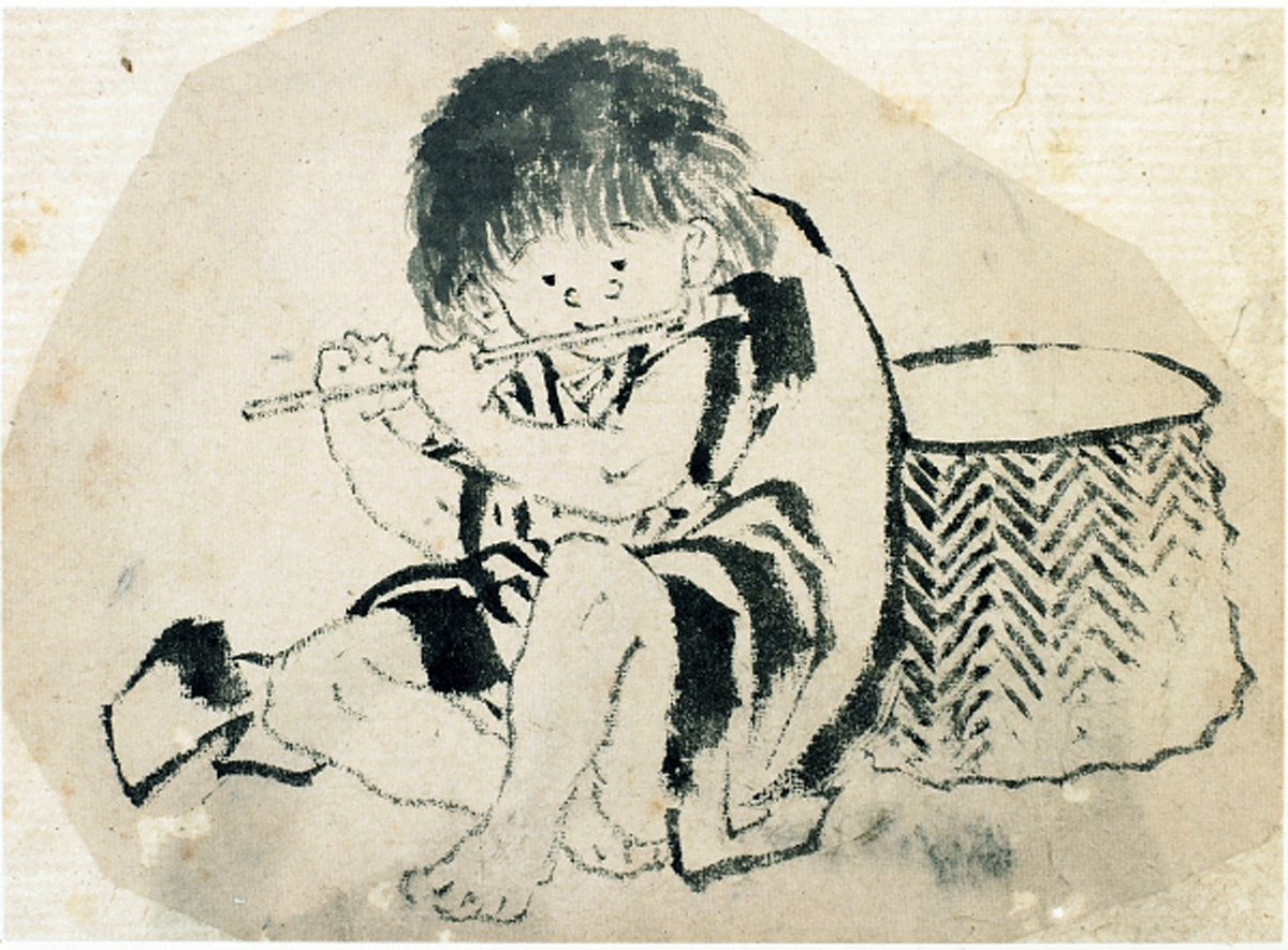 Hokusai - Boy Playing Flute - Hand Drawings