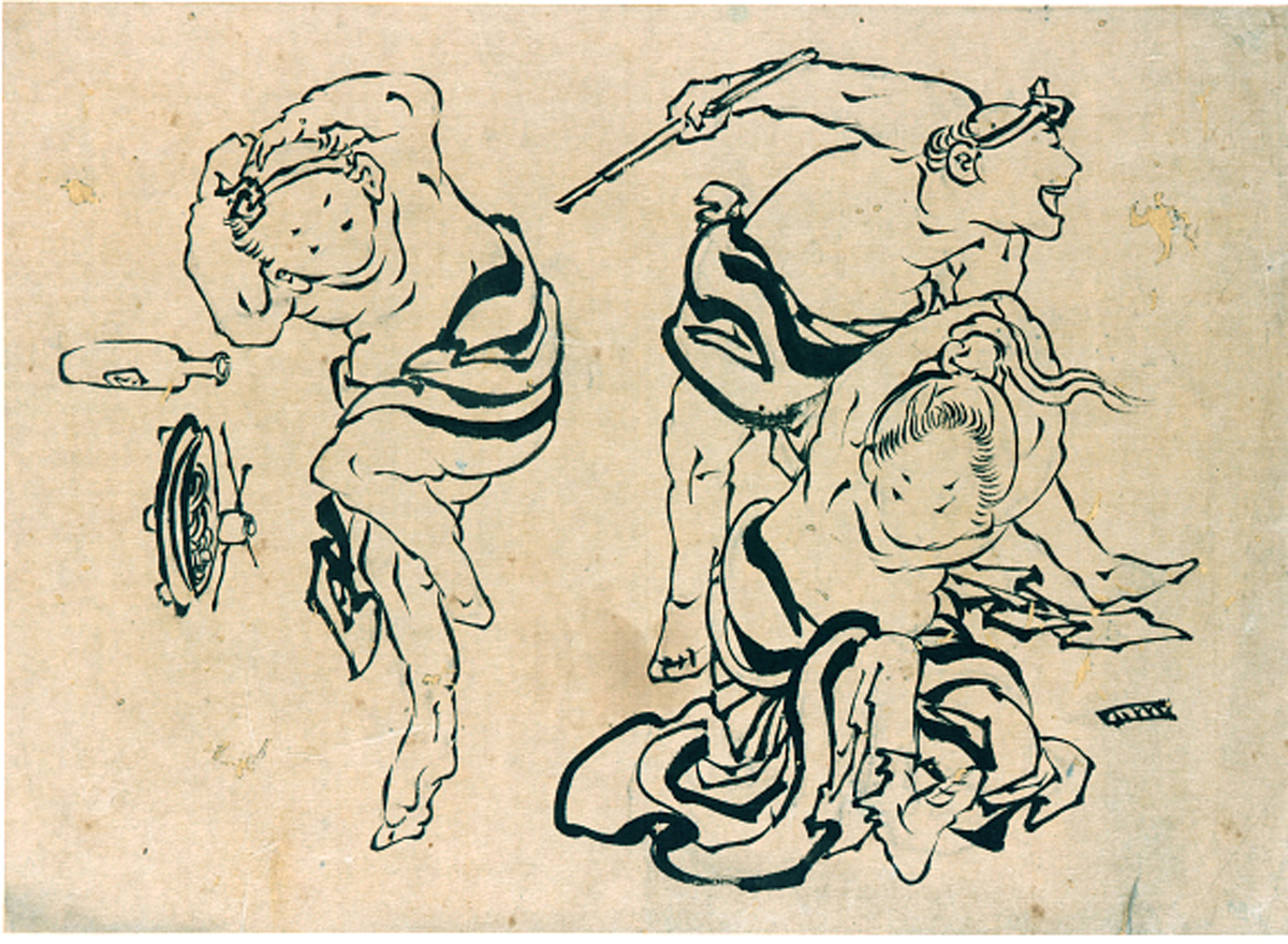 Hokusai - Three Figures in Action - Hand Drawings