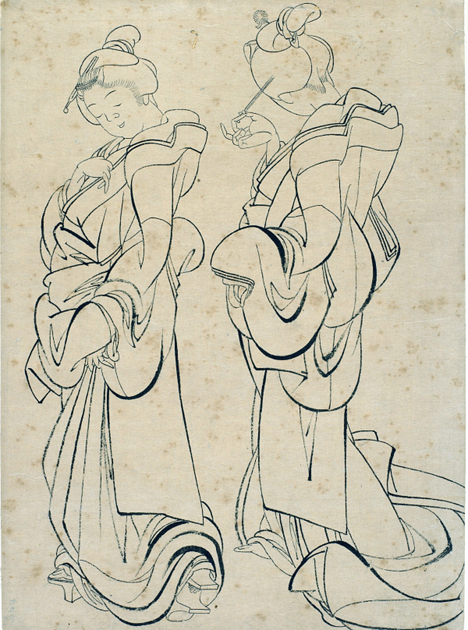 Hokusai - Two Women Posing - Hand Drawings
