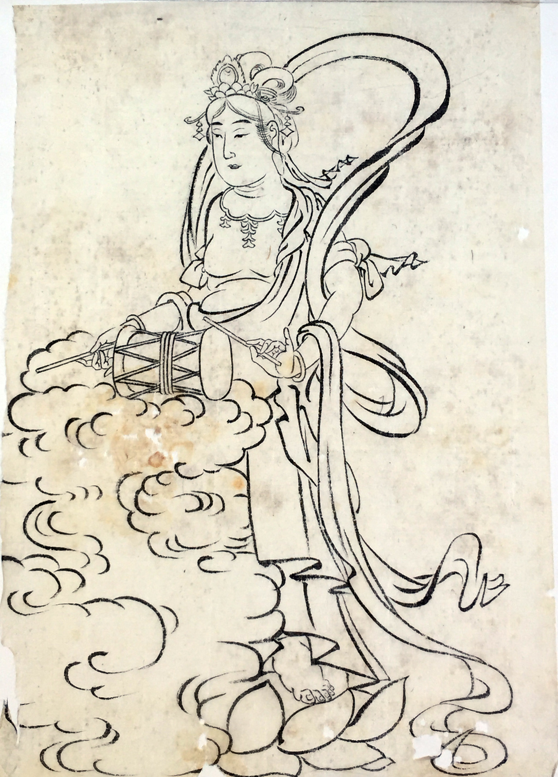 Hokusai - Goddess Kannon Playing Drums - Hand Drawings