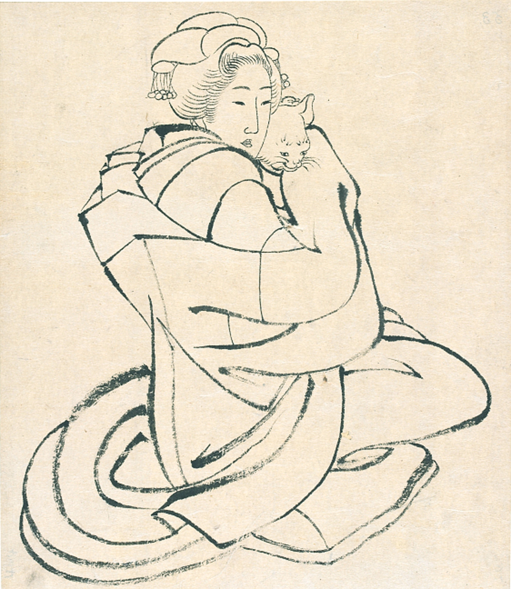 Hokusai - Lady Holding a Cat - Hand Drawings