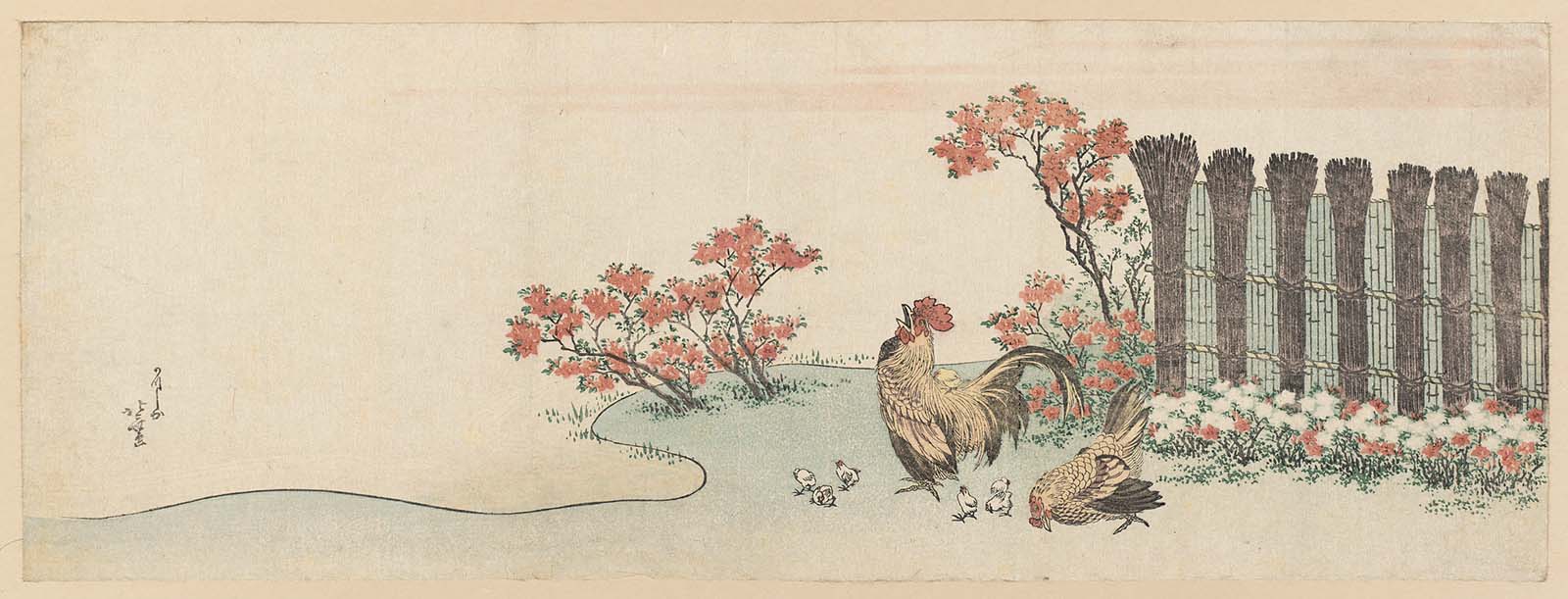 Hokusai - Rooster Hen Chicks and Blossoming Azalea Bushes - Long Surimono