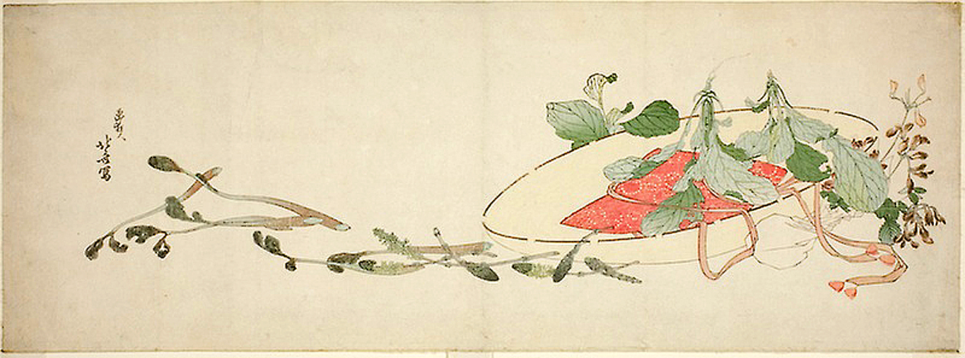 Hokusai - Flowers and Spring Greens in a Hat - Long Surimono