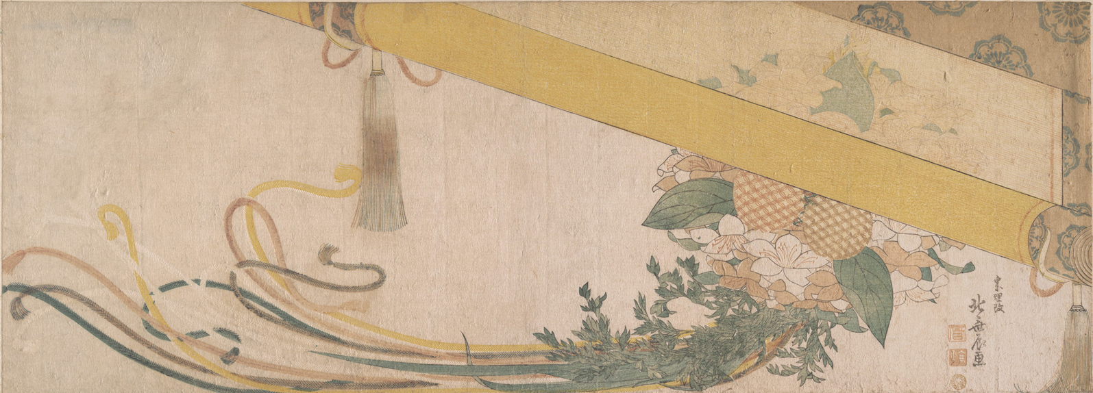 Hokusai - Basket of Flowers with Bamboo Blind - Long Surimono