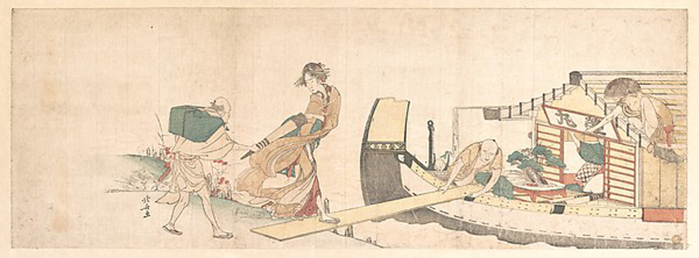 Hokusai - Welcoming a Traveler on Boat House - Long Surimono