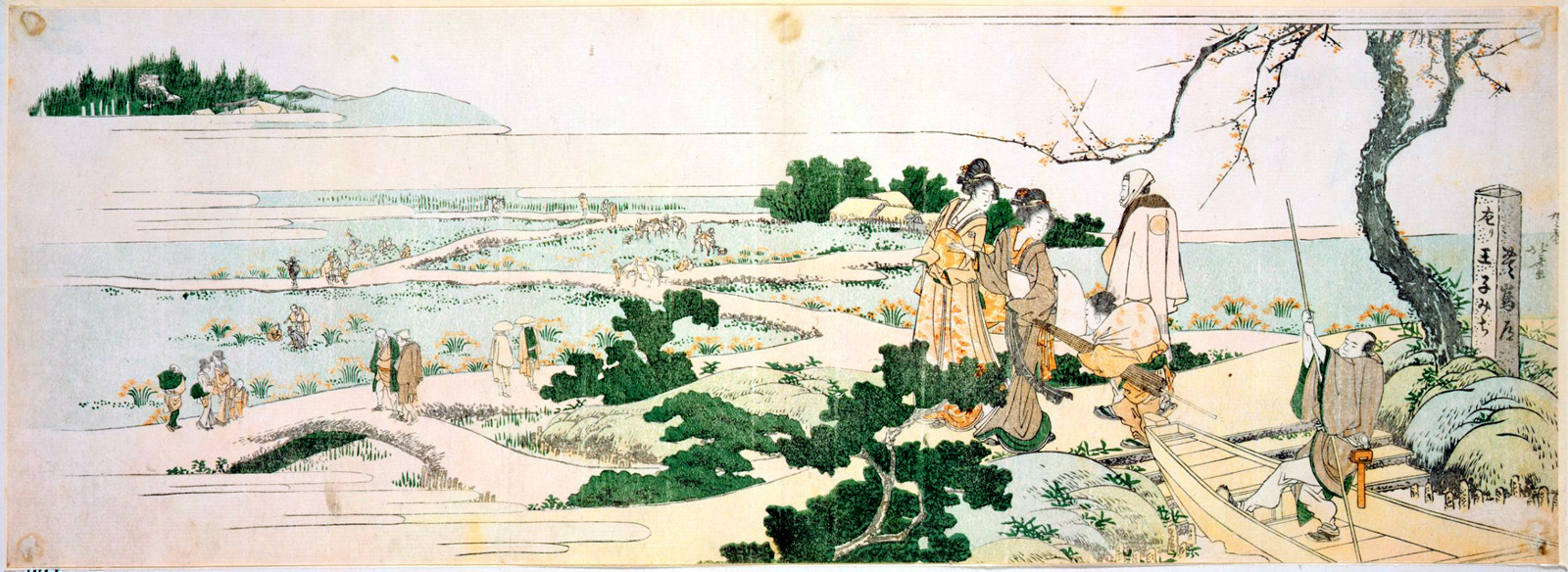 Hokusai - Passengers Disembarking Boat on the Way to Oji Shrine - Long Surimono
