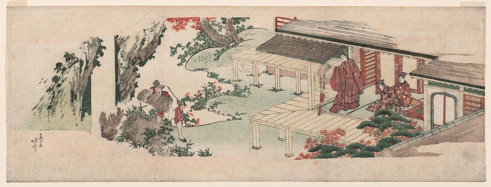 Hokusai - Nobleman Watching Servant Throw Bundles of Brush into a Waterfall - Long Surimono