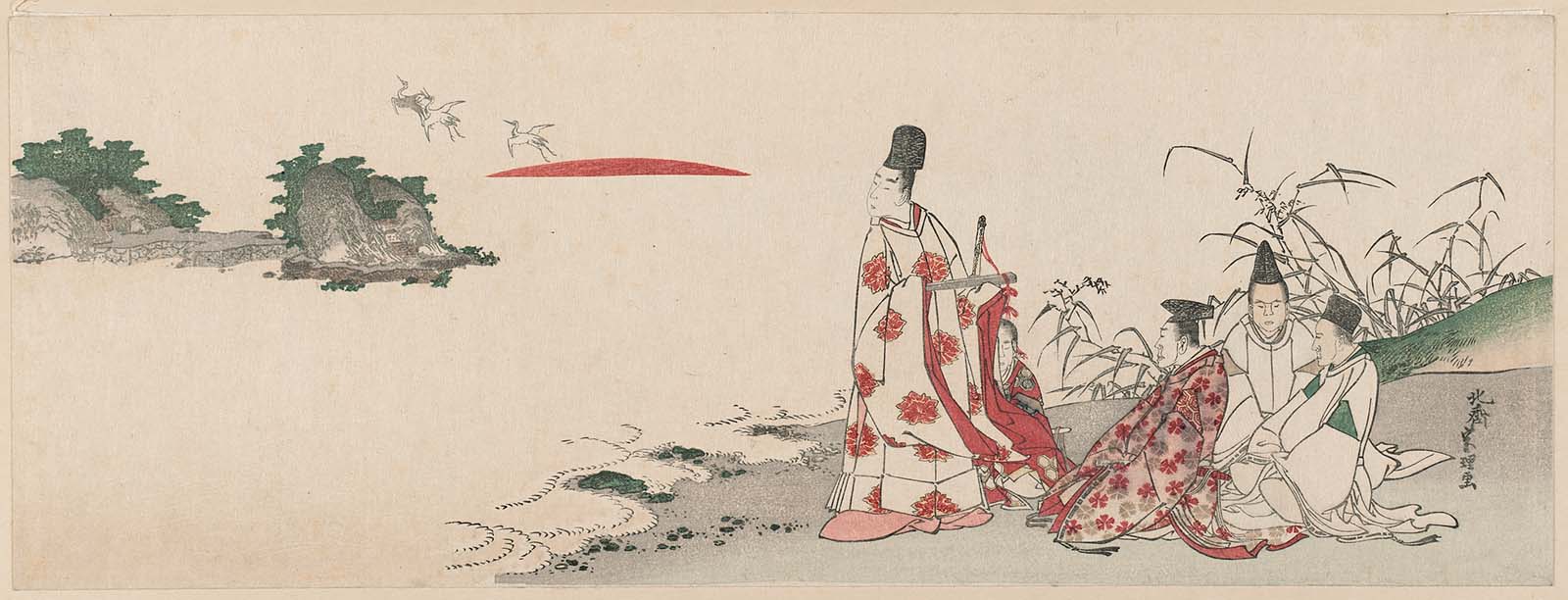 Hokusai - Nobleman and Attendants Watching the Sunrise - Long Surimono