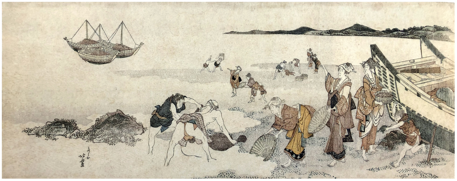 Hokusai - Shellfish Gathering at Low Tide - Long Surimono