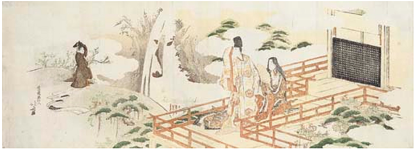 Hokusai - Noblemen Watching Carp in a Waterfall - Long Surimono