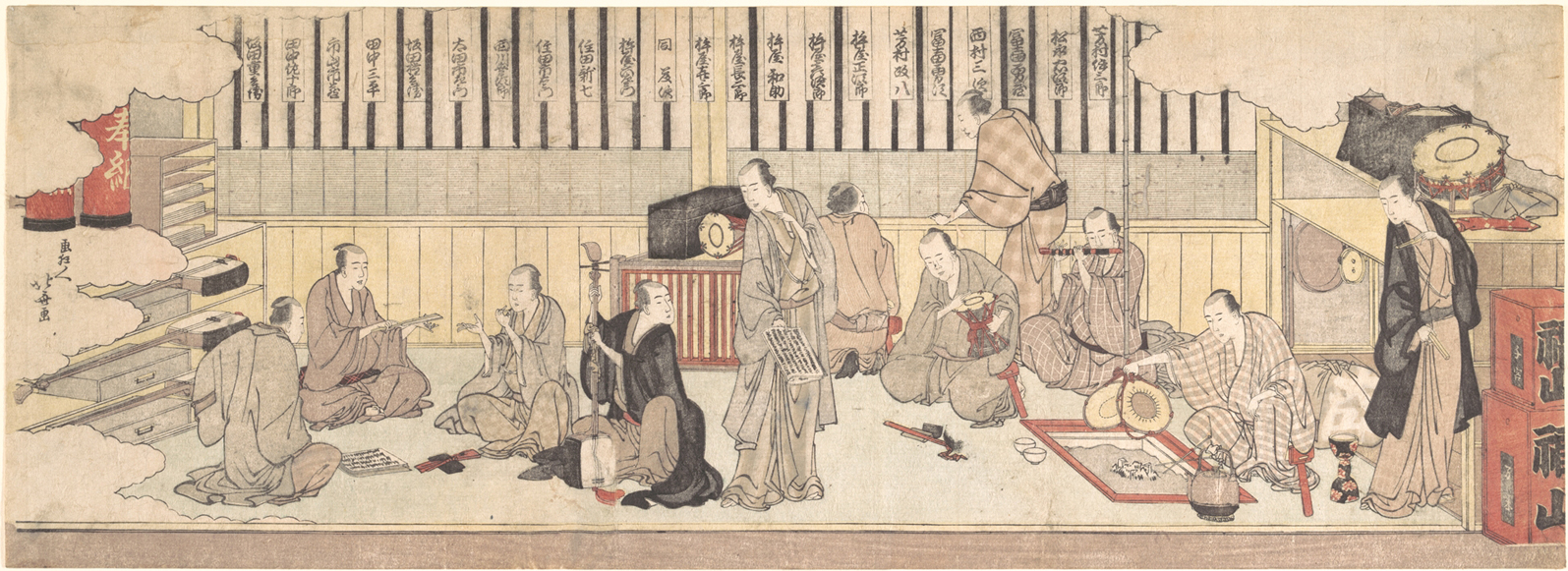 Hokusai - Dressing Room for Musicians at a Theater - Long Surimono