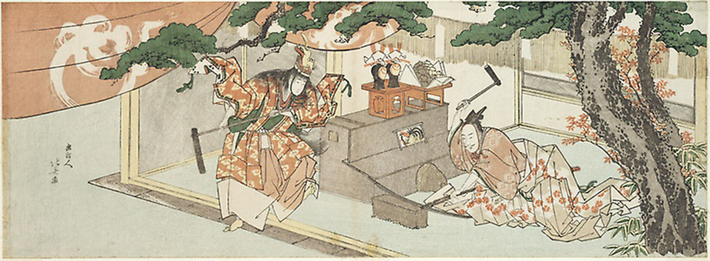 Hokusai - The Swordsmith Munechika and the God of Inari - Long Surimono