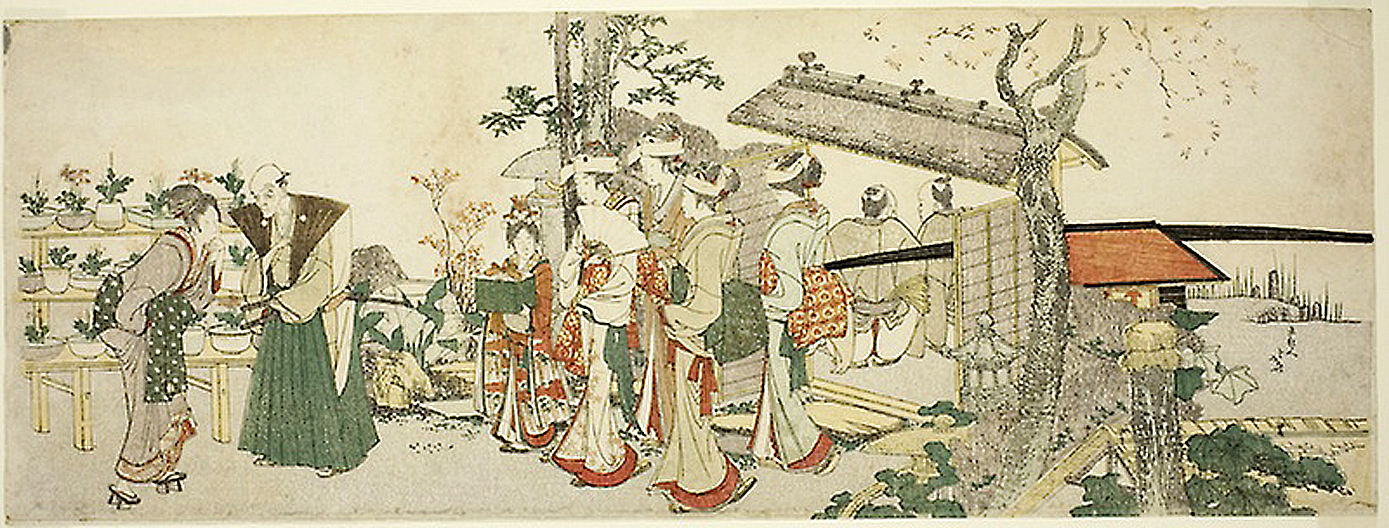 Hokusai - Young Women Entering the Garden of a Horticulturist - Long Surimono