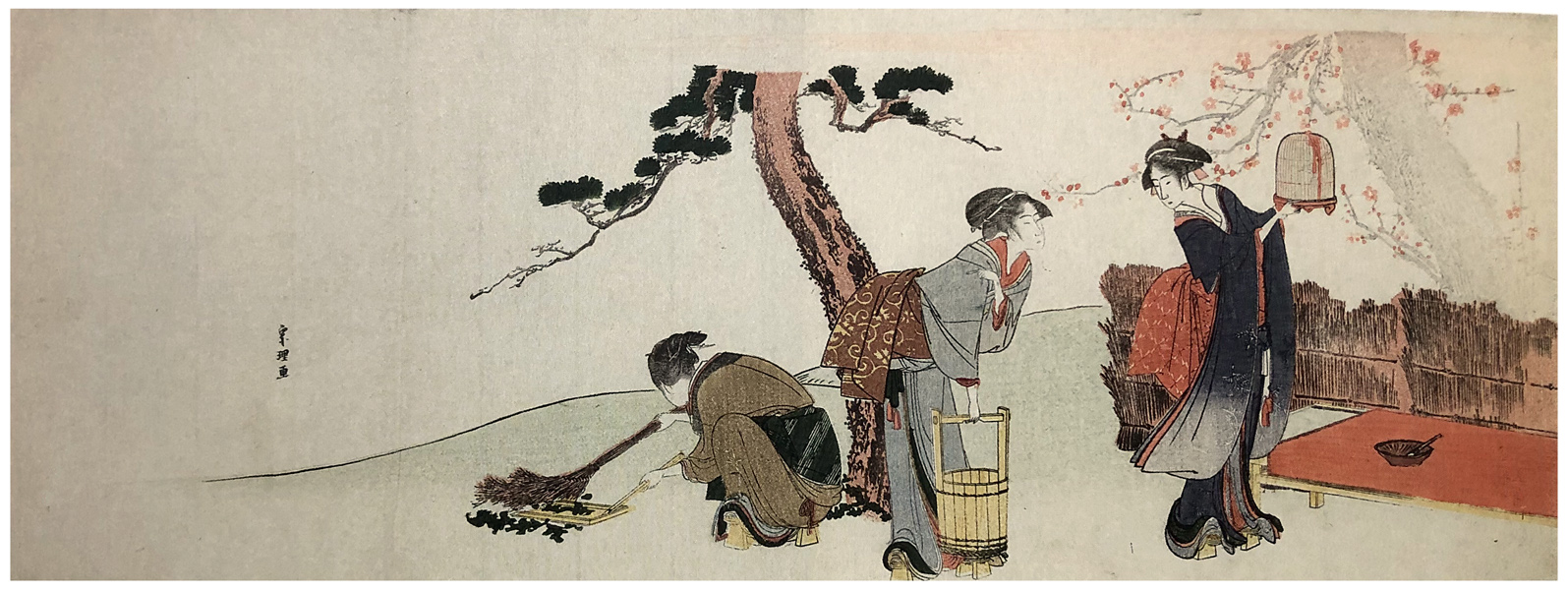Hokusai - Three Pretty Women in a Spring Garden - Long Surimono