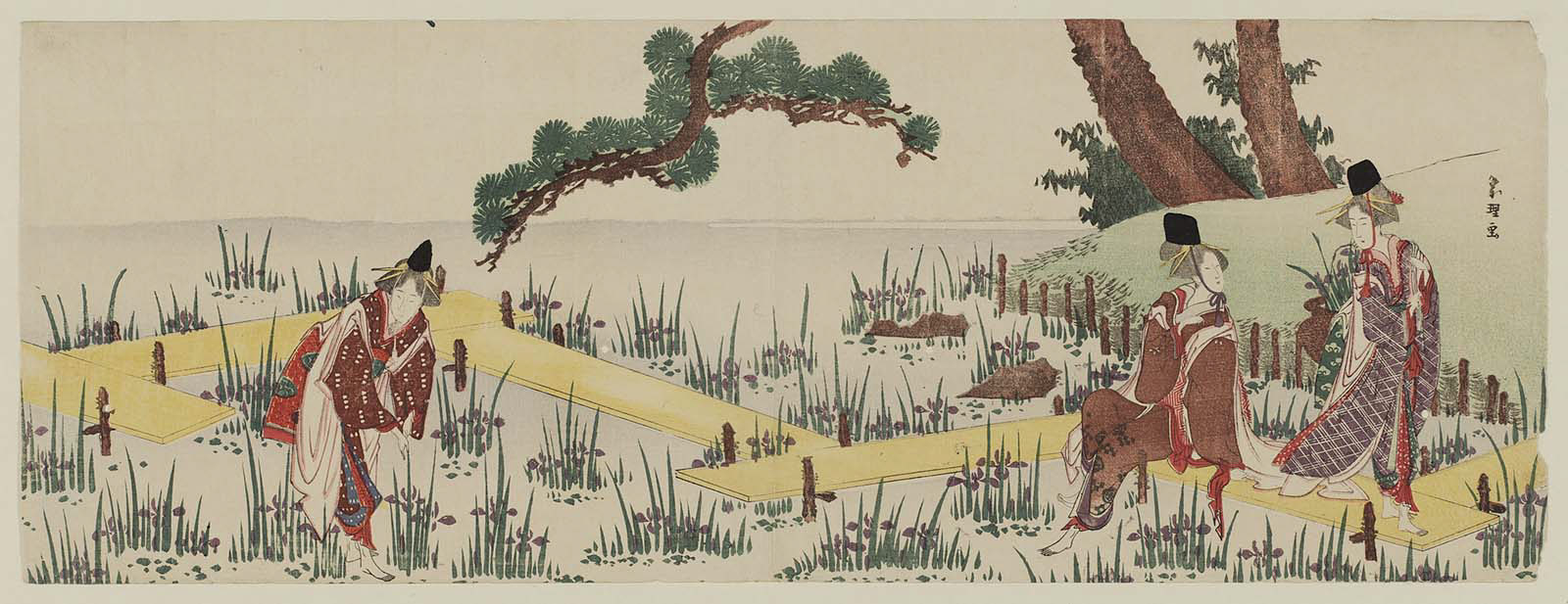 Hokusai - Women Imitating the Story of Narihira at Yatsuhashi - Long Surimono