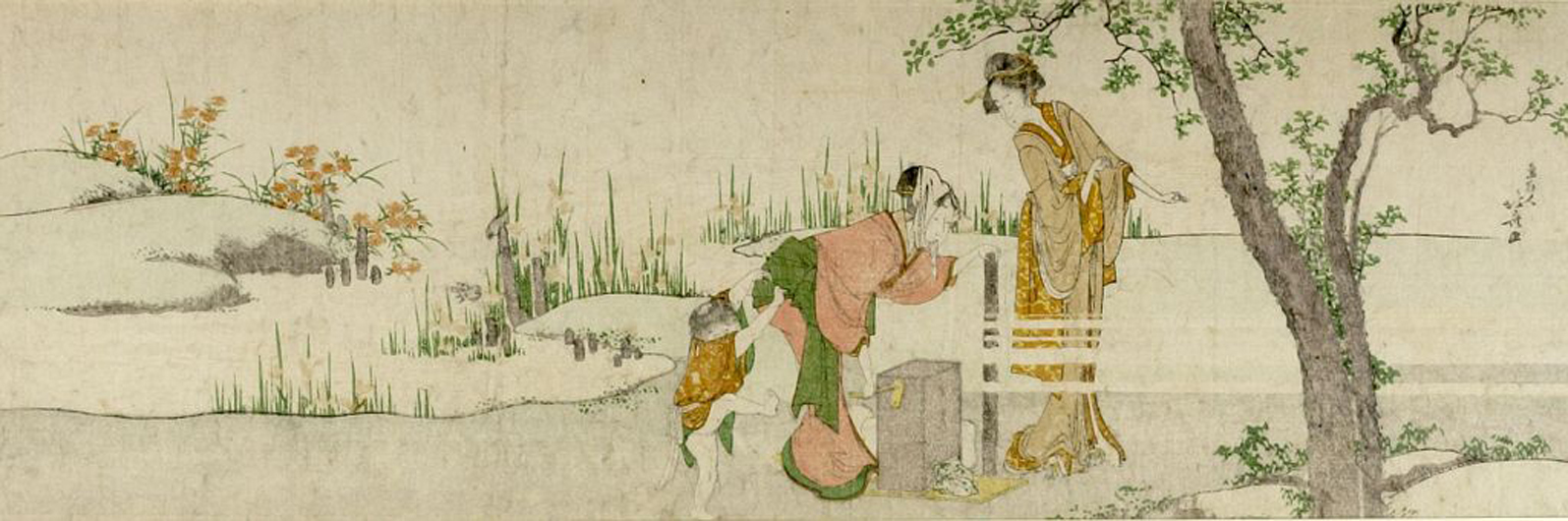 Hokusai - Two Women Spooling Silk - Long Surimono