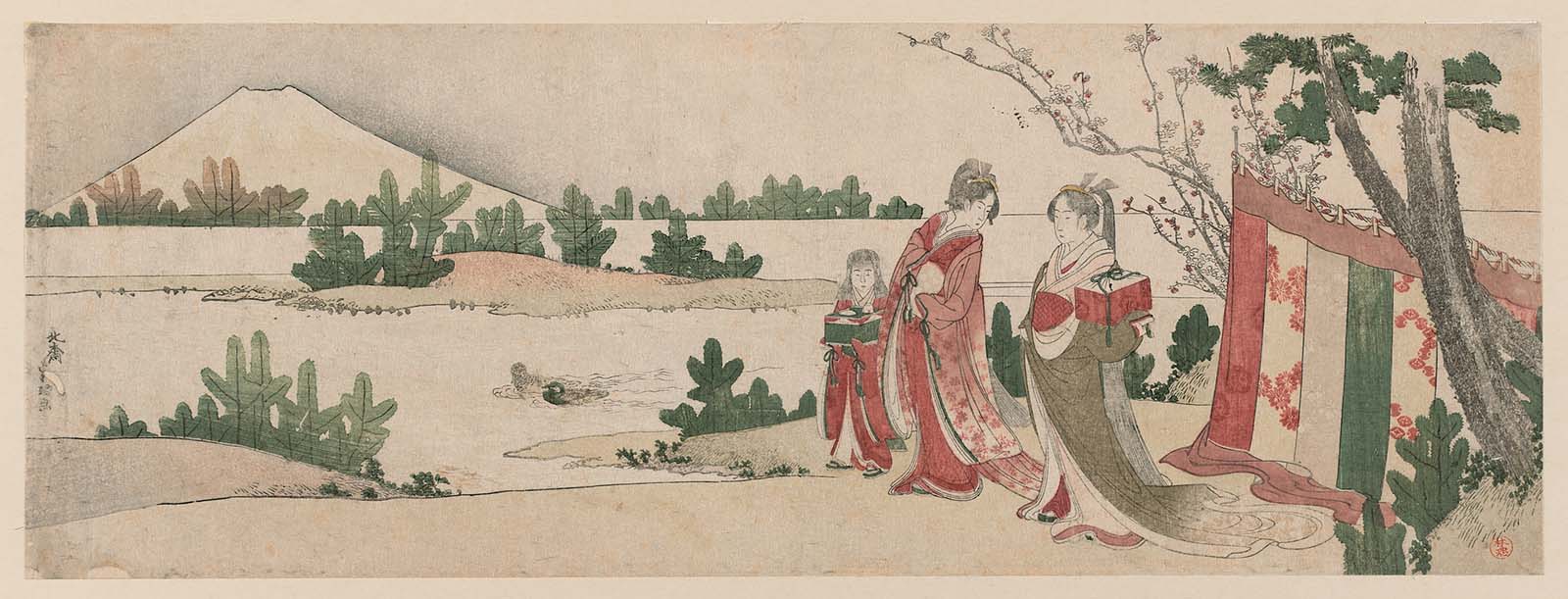 Hokusai - Ladies with Young Pine Trees and Mount Fuji - Long Surimono