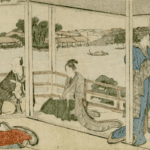Hokusai - Flower Arrangement Exhibit in Pavillion by River - Long Surimono