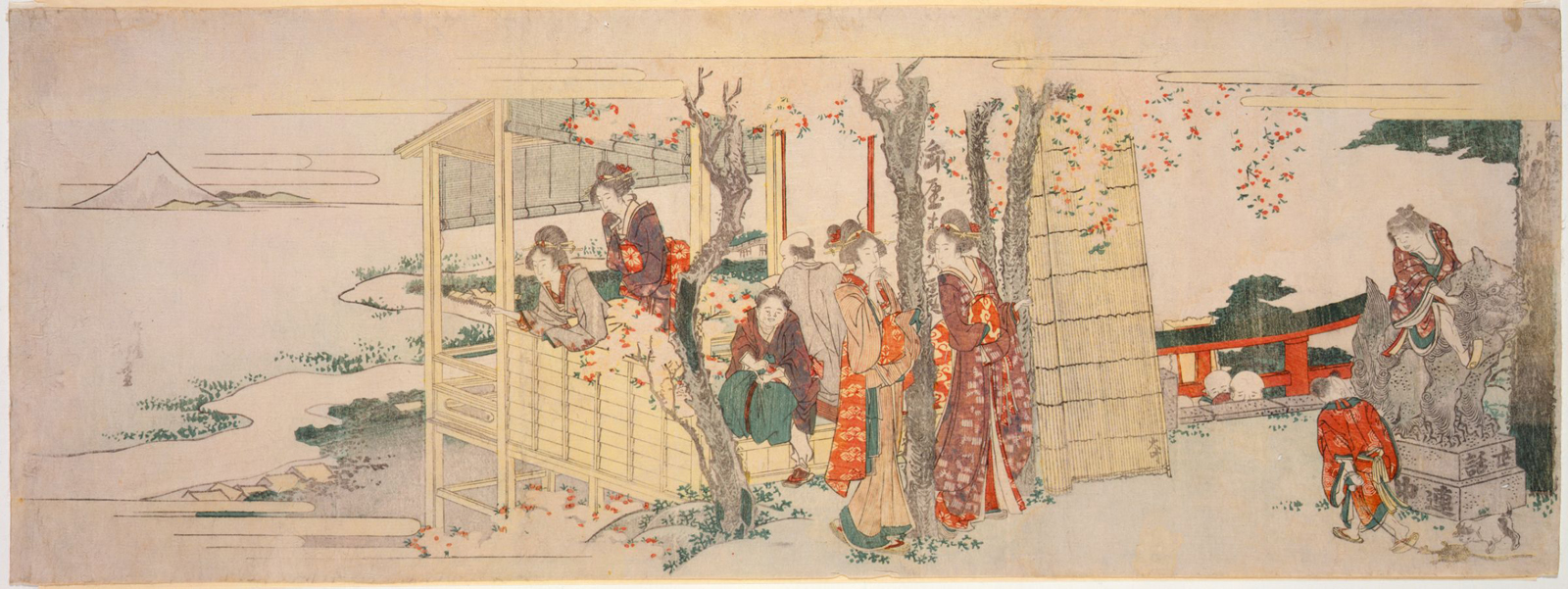 Hokusai - Cherry Blossom Viewing at the Mimeguri Shrine - Long Surimono