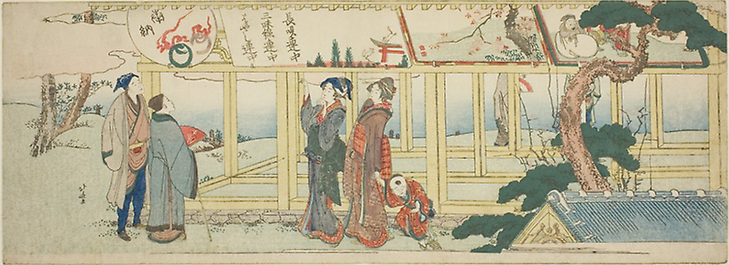 Hokusai - Viewing Votive Paintings - Long Surimono