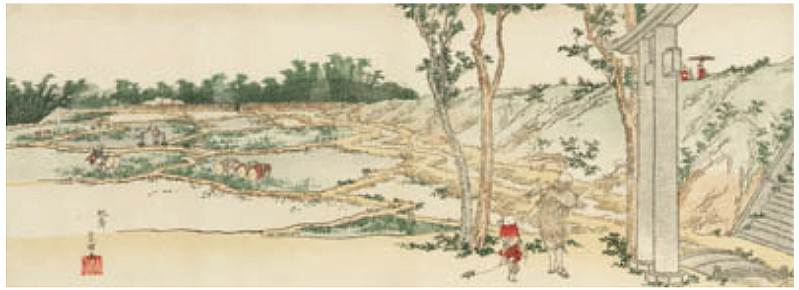Hokusai - Farmer and Child by Rice Field - Long Surimono