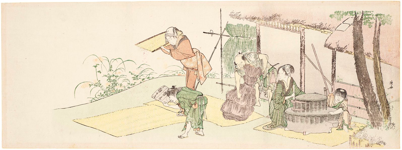 Hokusai - Peasants Processing Rice - Long Surimono