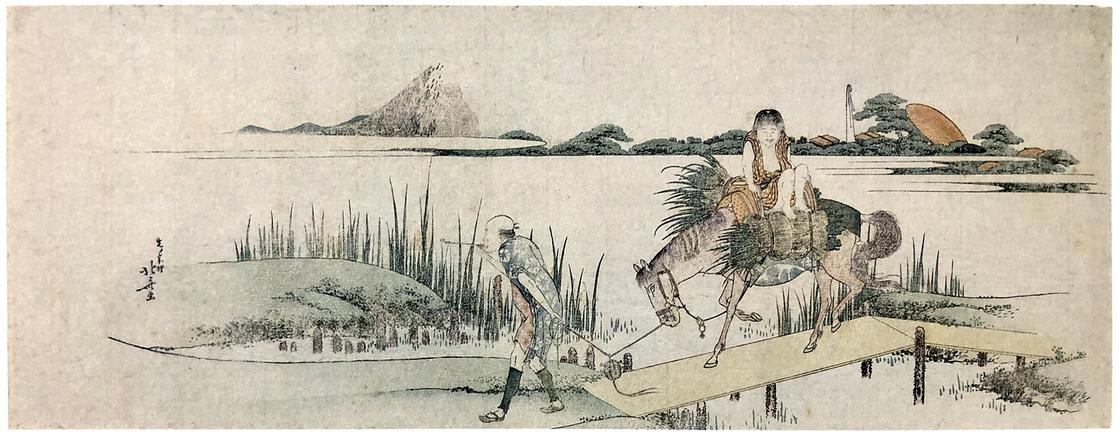 Hokusai - Farmer and Child on Horse Crossing a Bridge - Long Surimono