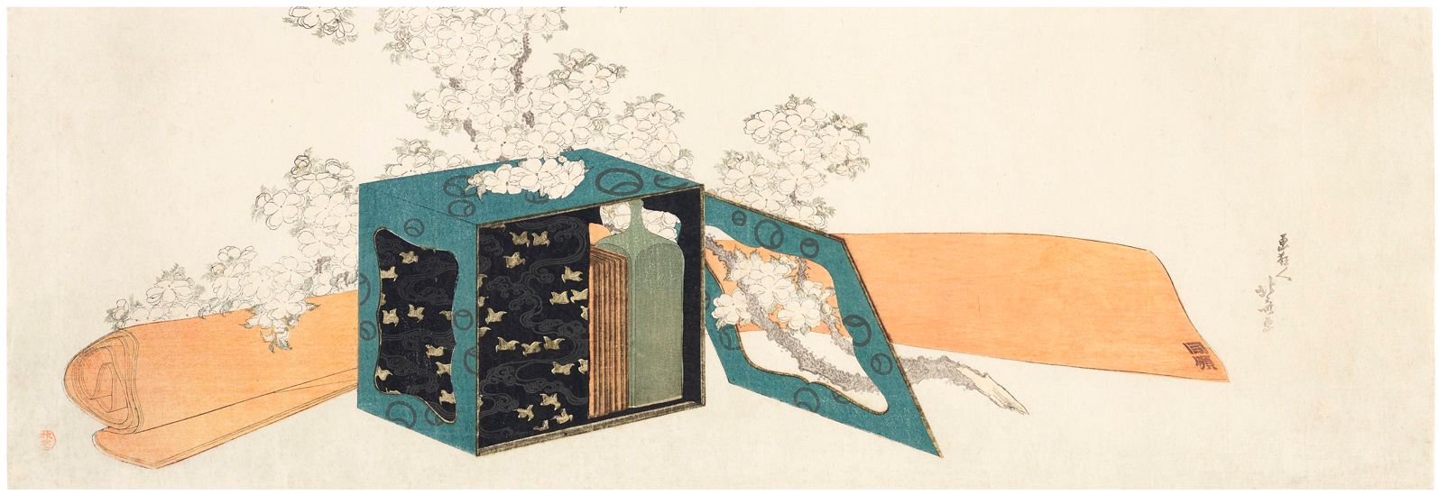 Hokusai - Picnic Set and Cherry Blossom - Long Surimono