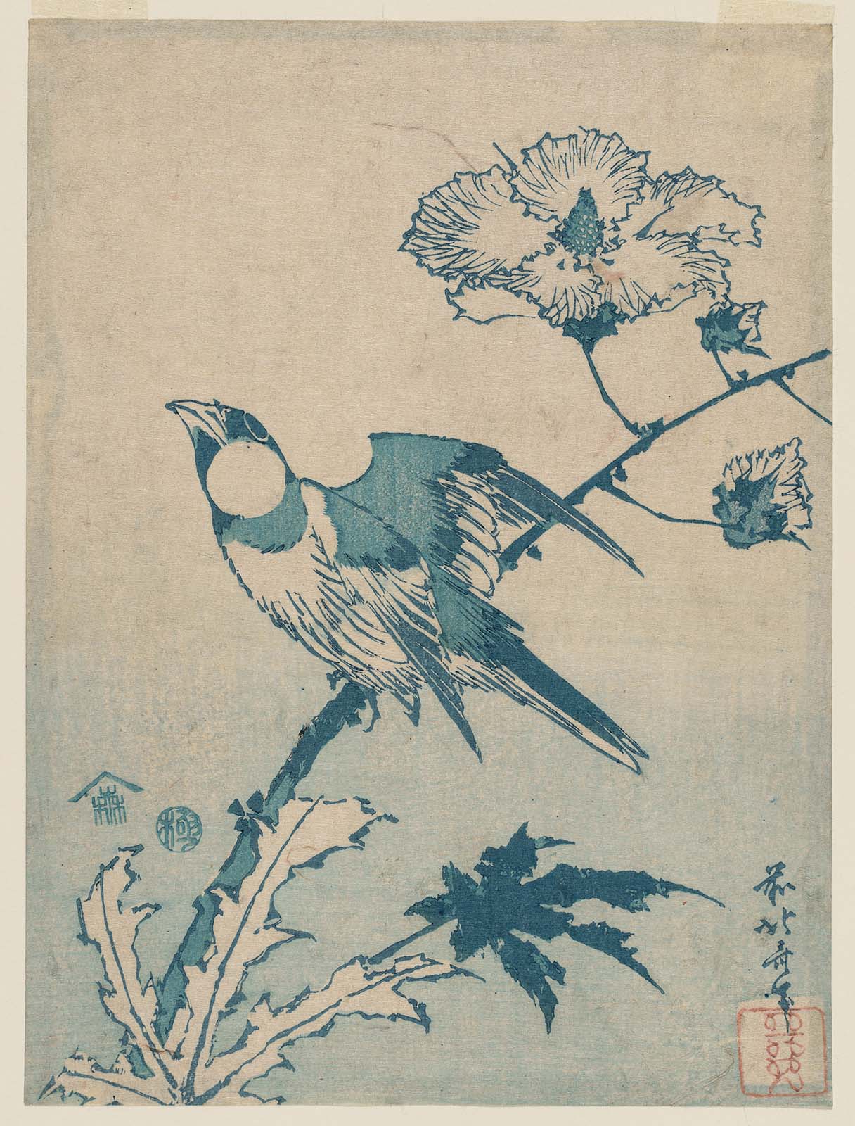 Hokusai - Finch on Hibiscus - Untitled Aizuri-e