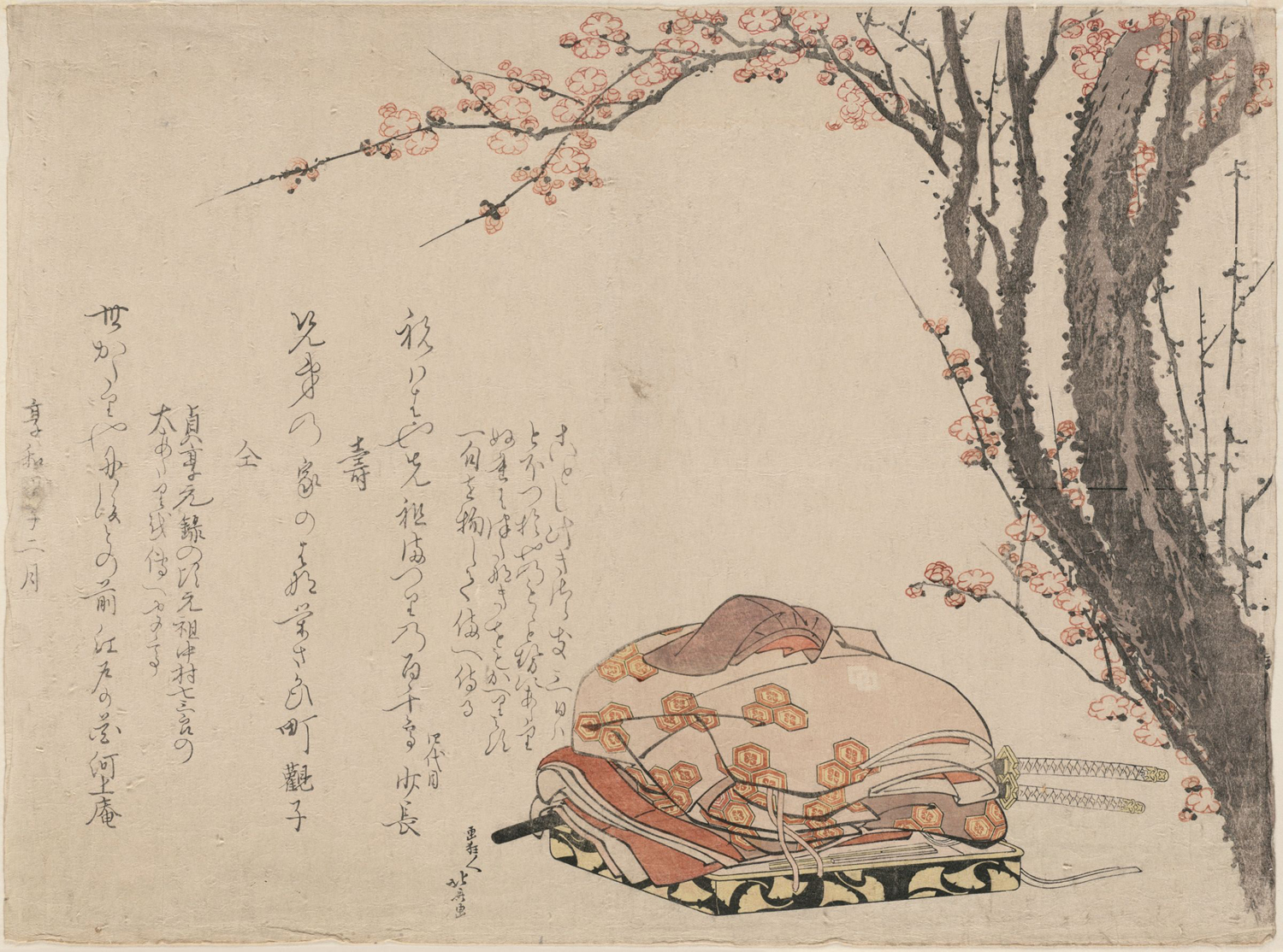 Hokusai - Folded Kabuki Costume under Blossoming Plum Tree - Surimono's