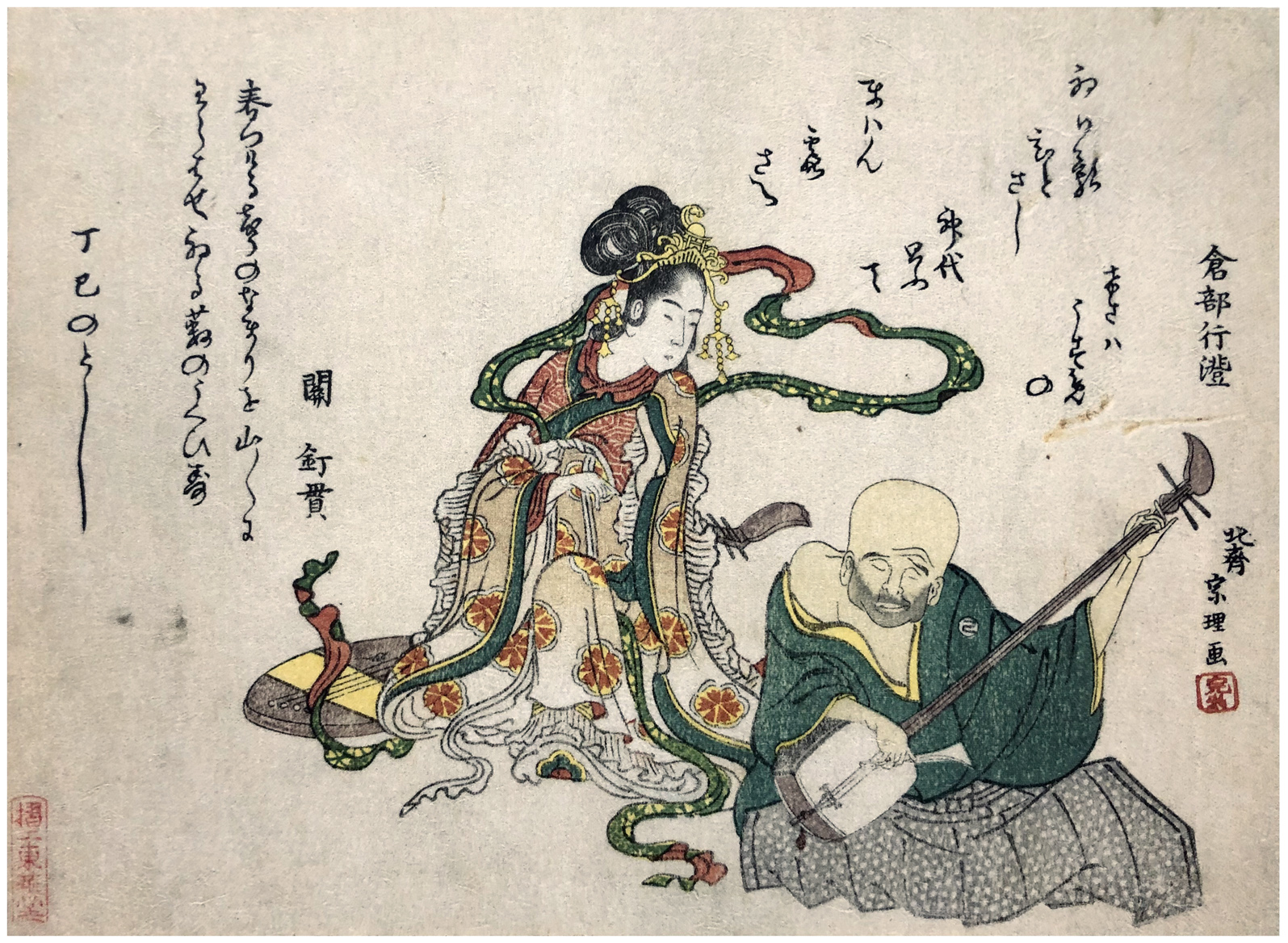 Hokusai - Goddess Benten Listening to a Blind Musician Player - Surimono's