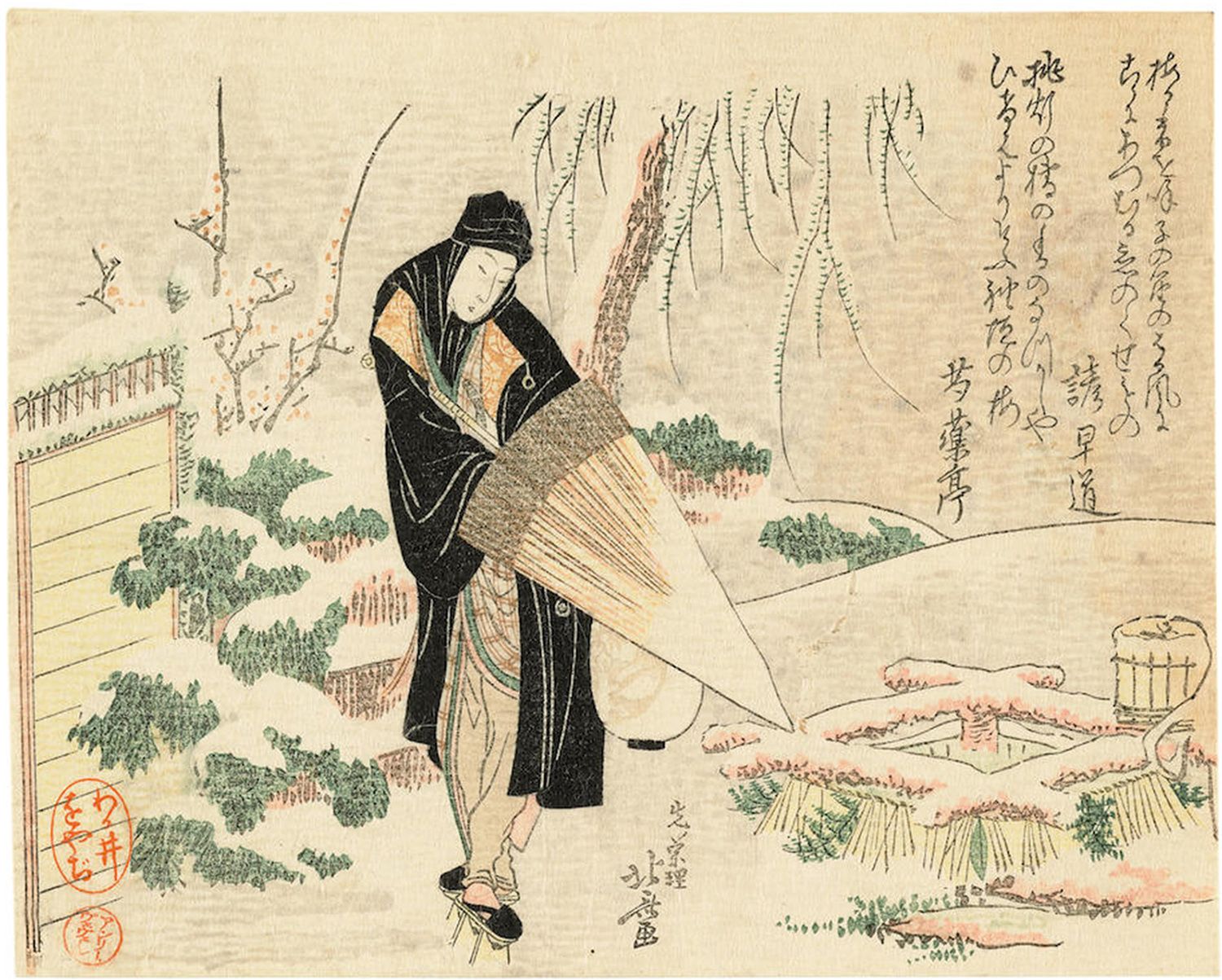 Hokusai - Man with Umbrella Walking in Snow - Surimono's