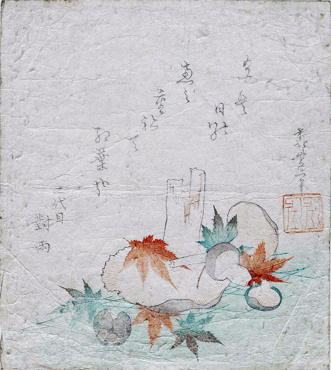 Hokusai - Maple Leaves and Mushrooms - Surimono's