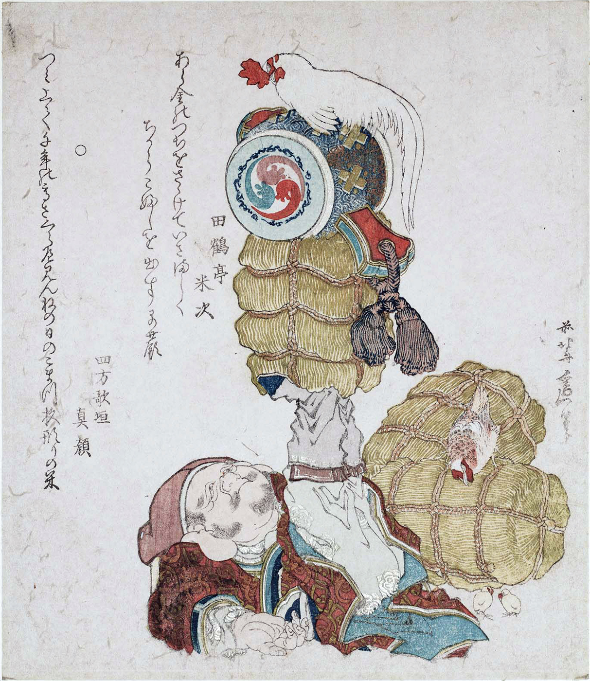 Hokusai - Daikoku Lifting Rice Bales With Chicken - Surimono's