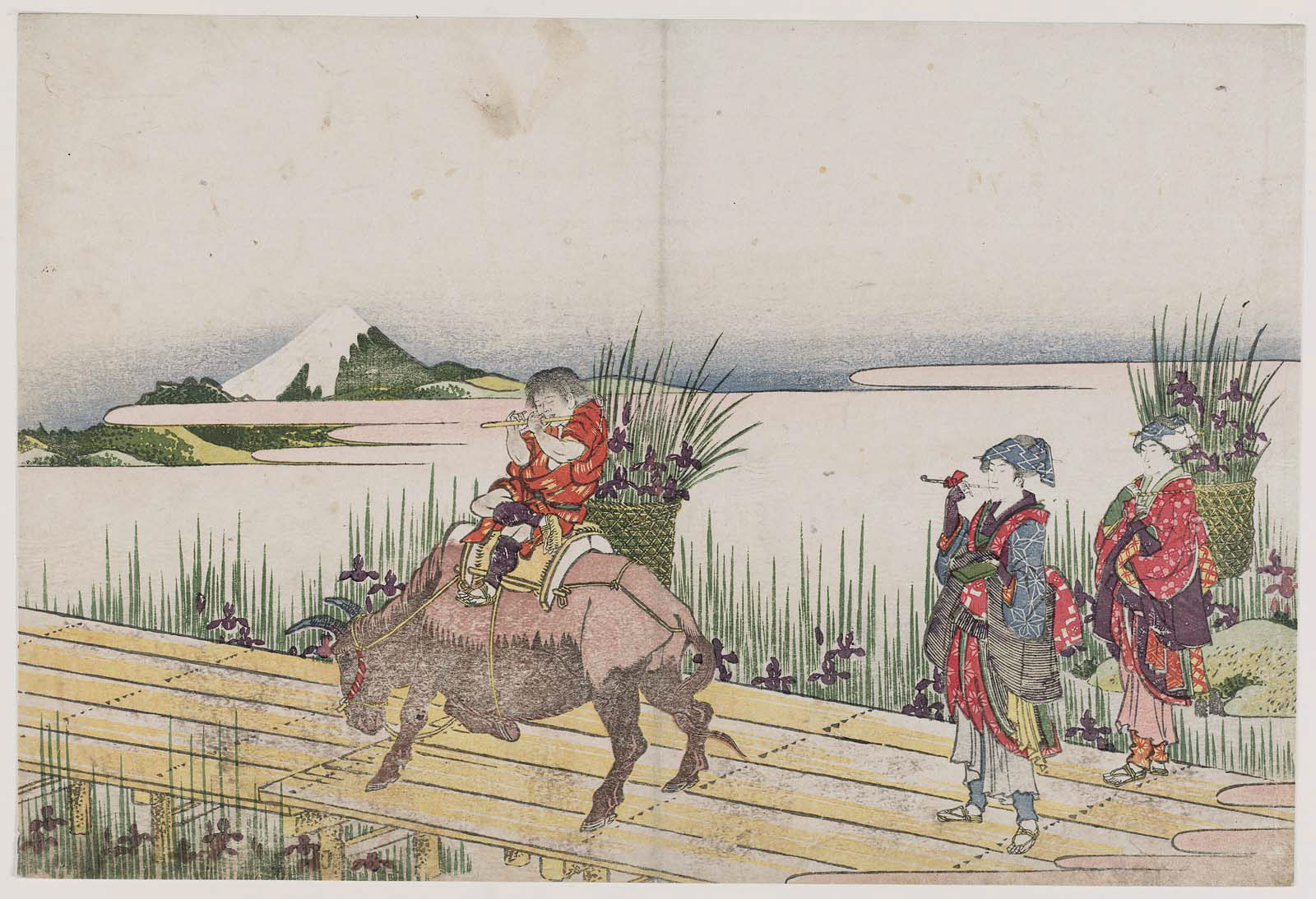 Hokusai - Crossing a Bridge with Baskets of Iris - Unsigned Work