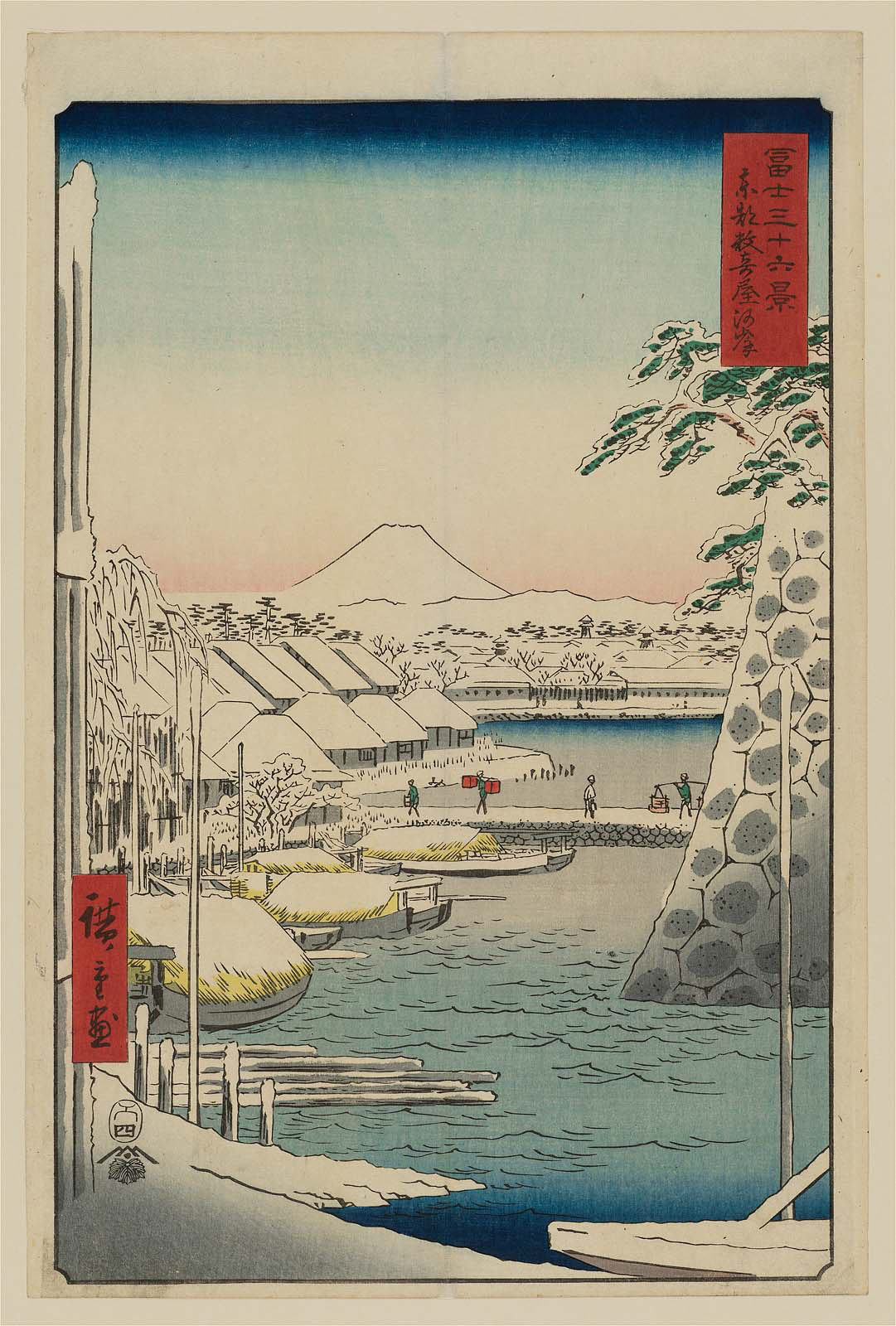 Hiroshiges - Riverbank at Sukiya in Edo (Tōto Sukiya-gashi) - Thirty Six Views of Mt. Fuji (1858 edition published by Tsutaya)