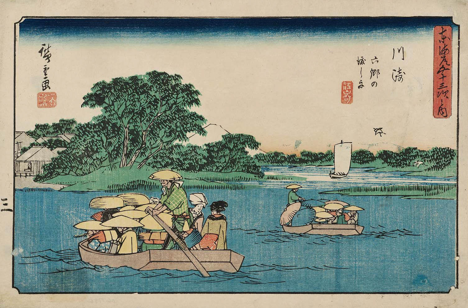 Hiroshiges - 3 Kawasaki: Ferry Boats at the Rokugō Crossing (Kawasaki, Rokugō no watashibune) - Gyosho Tokaido