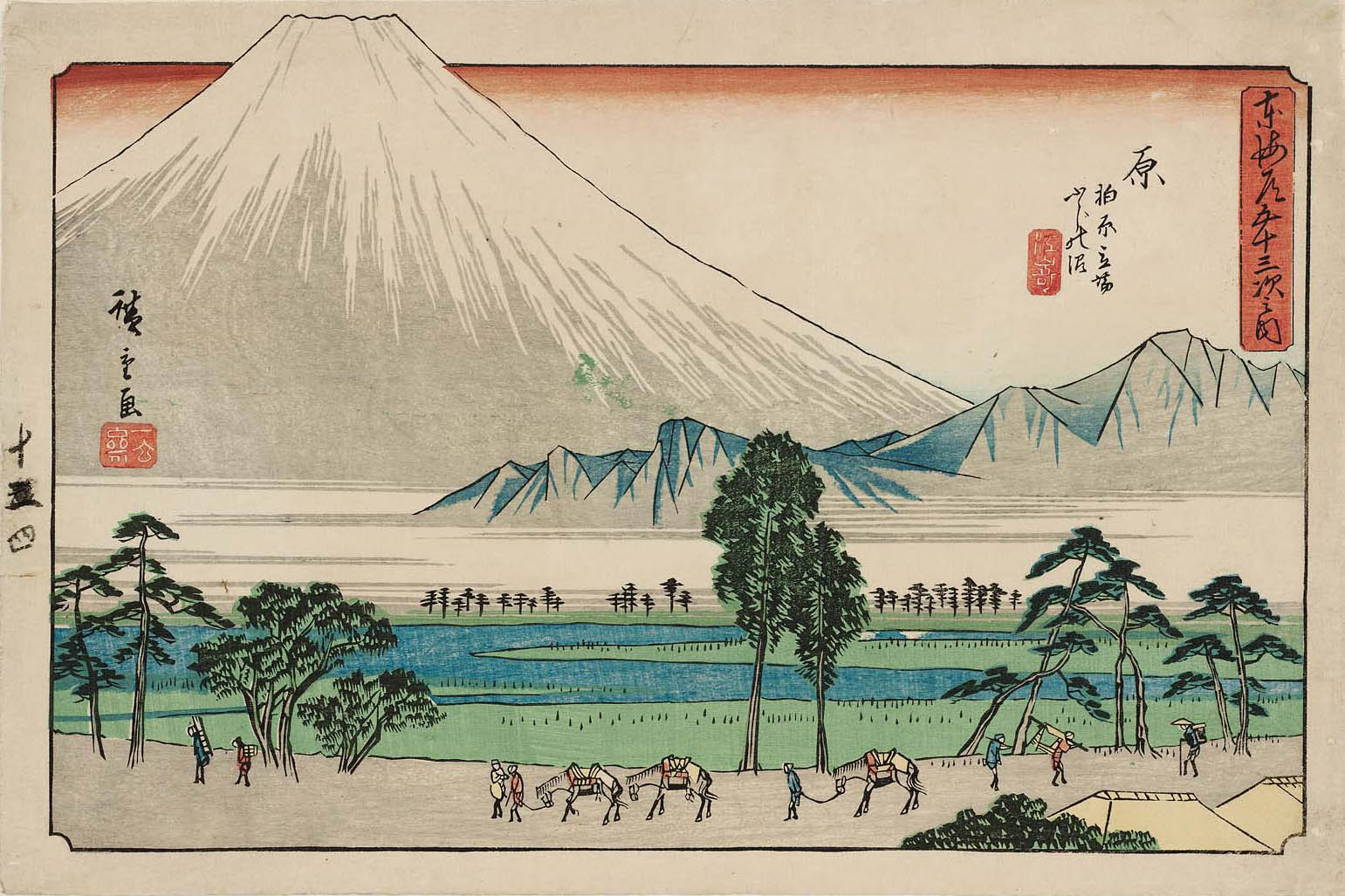 Hiroshiges - 14 Hara: The Rest Stop at Kawashibara and the Fuji Swamp (Hara, Kashiwabara tateba Fuji no numa) - Gyosho Tokaido