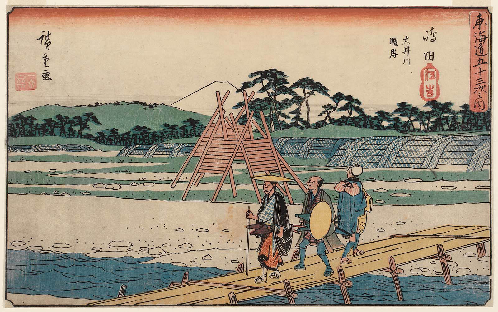 Hiroshiges - 24 Shimada: The Suruga Bank of the Ōi River (Shimada, Ōigawa Sungan) - Gyosho Tokaido