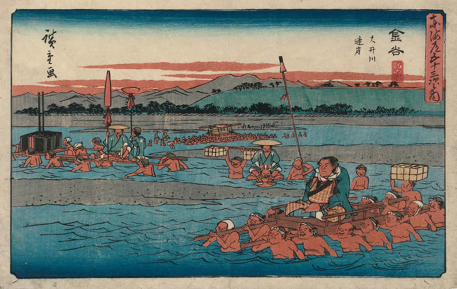 Hiroshiges - 25 Kanaya: The Tōtōmi Side of the Ōi River (Kanaya, Ōigawa Engan) - Gyosho Tokaido