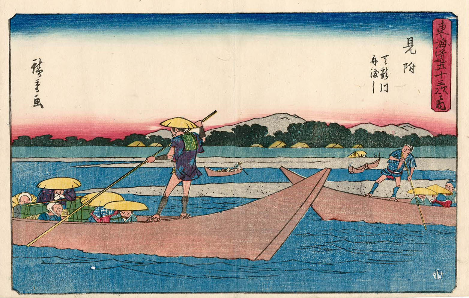 Hiroshiges - 29 Mitsuke: Ferry on the Tenryū River (Mitsuke, Tenryūgawa funewatashi) - Gyosho Tokaido