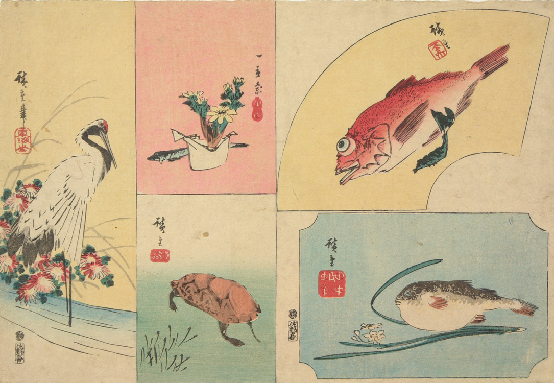 Hiroshiges - Crane, Adonis Flower, Red Fish, Turtle, and Blowfish - Harimaze of Bird and Flower Subjects