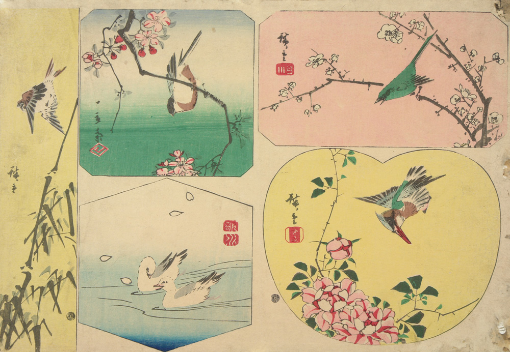 Hiroshiges - Sparrow, Bullfinch, Warbler, Gulls, and Kingfisher - Harimaze of Bird and Flower Subjects